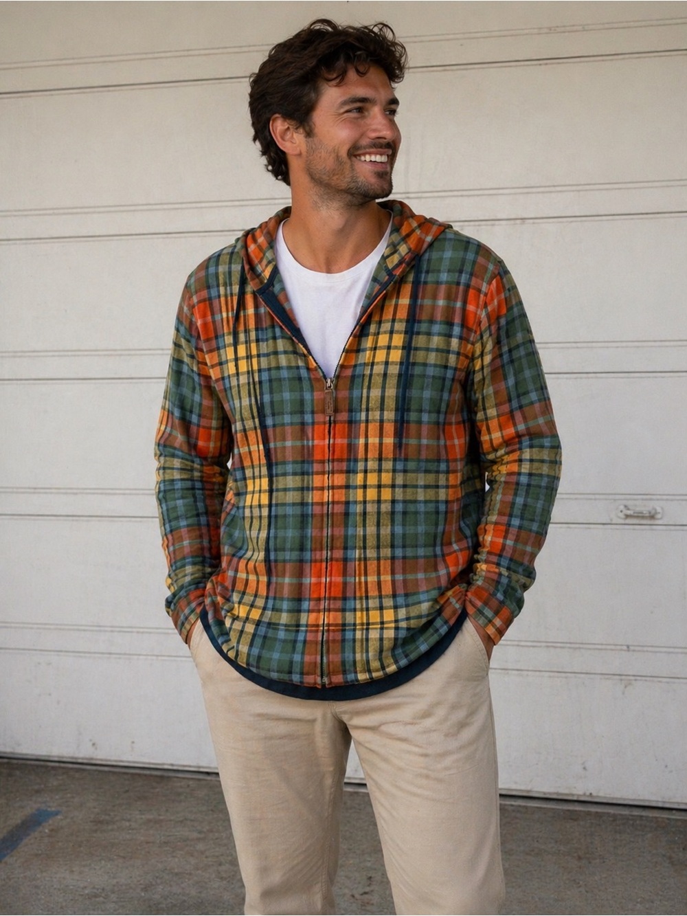 L.L. Bean Orange, Yellow & Green Plaid Zip Hoodie